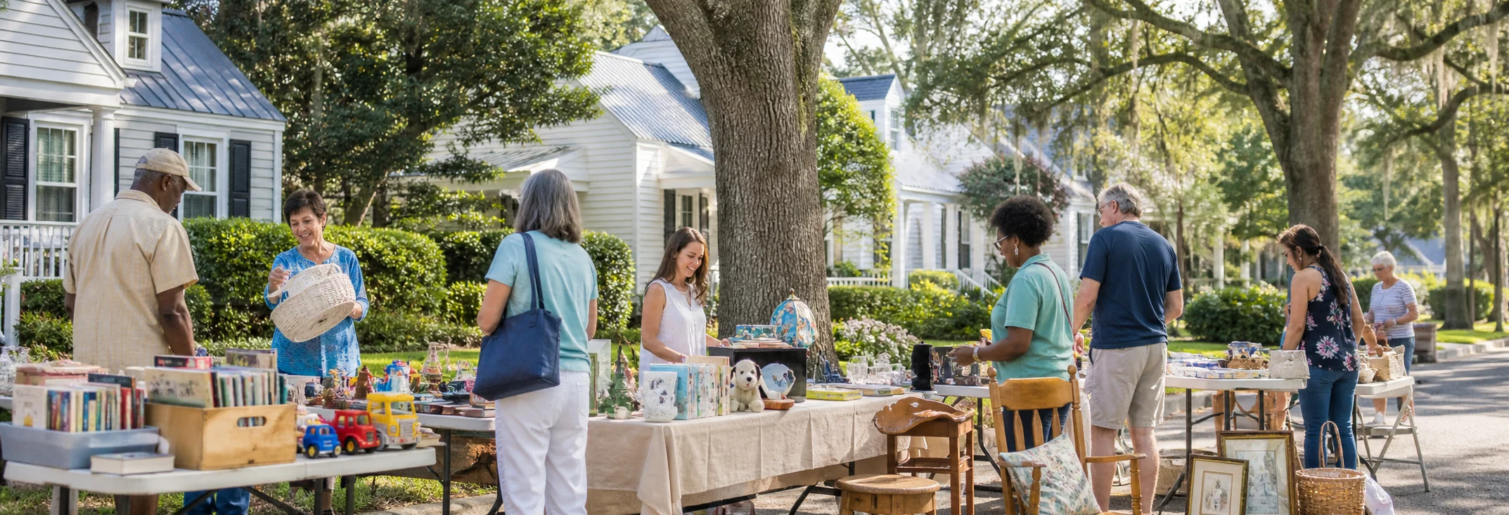 Neighbors browsing a well-organized Coastal Georgia community yard sale
