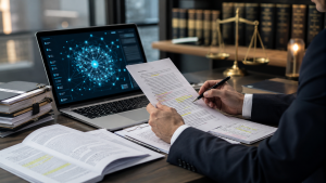 A professional reviewer checks an AI generated answer against official documents in a modern office.