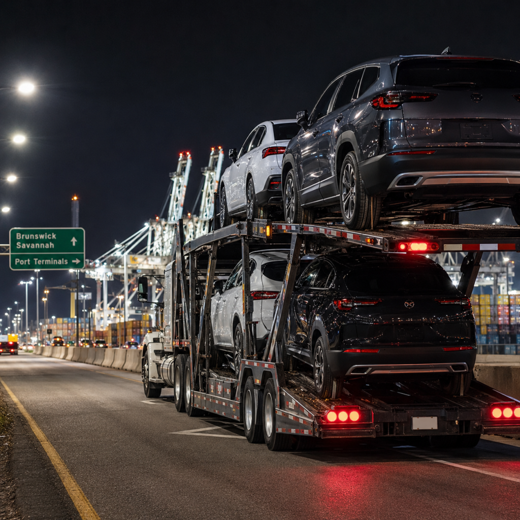 Open car hauler parked near a freight corridor at night with commercial safety lighting and a Coastal Georgia logistics setting