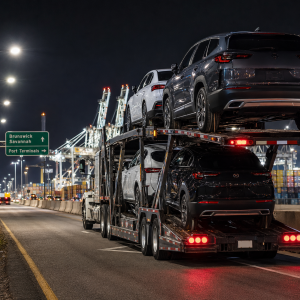 Open car hauler parked near a freight corridor at night with commercial safety lighting and a Coastal Georgia logistics setting