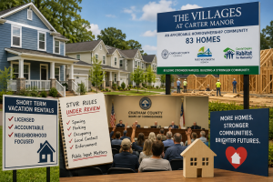 Composite editorial image showing Chatham County STVR rules under review, a public meeting, and Port Wentworth affordable homes at The Villages at Carter Manor.