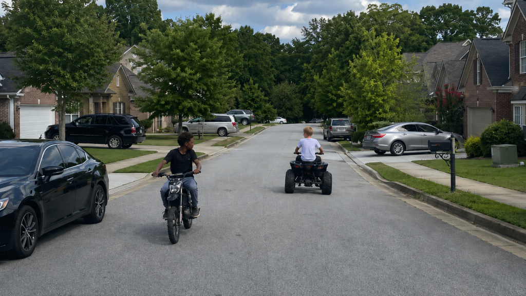Young riders operating a small motorbike and ATV without helmets on a residential roadway with parked cars nearby.