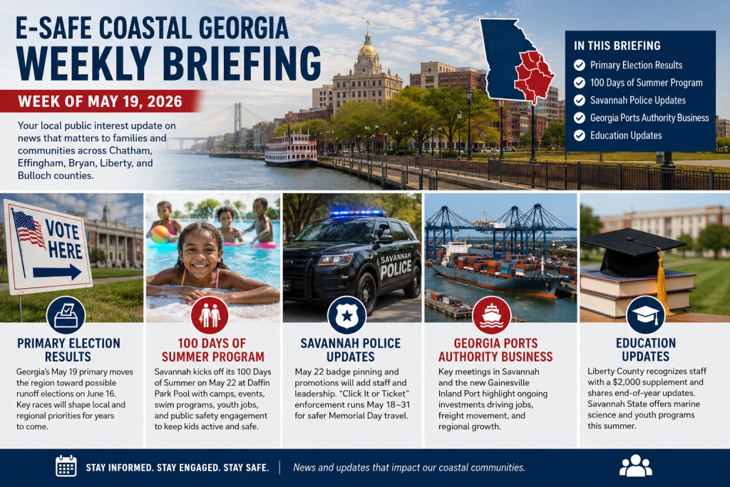 Coastal Georgia weekly briefing image showing Savannah civic activity, port business, summer youth programming, public safety, and education updates.