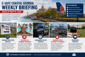 Coastal Georgia weekly briefing image showing Savannah civic activity, port business, summer youth programming, public safety, and education updates.