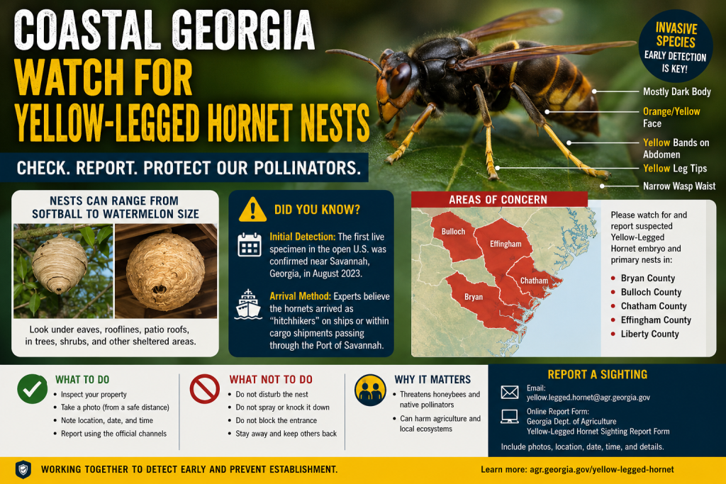 Public awareness graphic showing a Yellow-Legged Hornet, nest examples, Coastal Georgia counties of concern, safety actions, and official sighting report information.