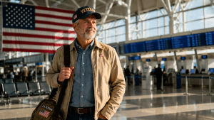 A veteran confidently navigating a modern U.S. airport terminal, representing the full range of earned military travel benefits available to veterans and retirees