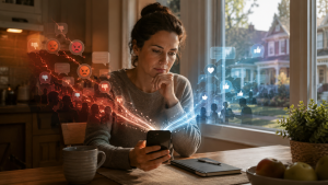 Thoughtful woman looking at her phone while contrasting digital reactions appear around her, symbolizing hostile online behavior on one side and respectful online engagement on the other.