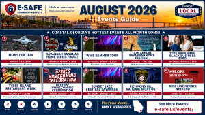 Promotional graphic for E-Safe Coastal Georgia Monthly Area Happenings and Events: August 2026, featuring coastal Georgia landmarks, live entertainment, markets, and community event themes.