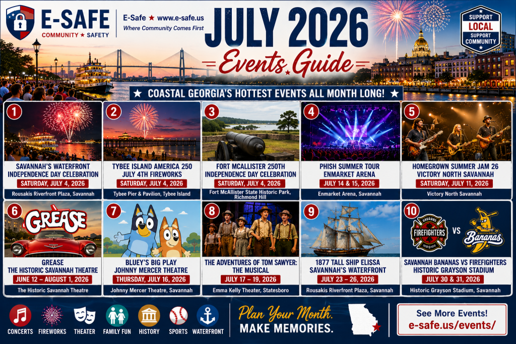E-Safe July 2026 Coastal Georgia Events Guide featuring Savannah fireworks, Tybee Island celebrations, Fort McAllister history, concerts, theater, family shows, waterfront attractions, and Savannah Bananas games.