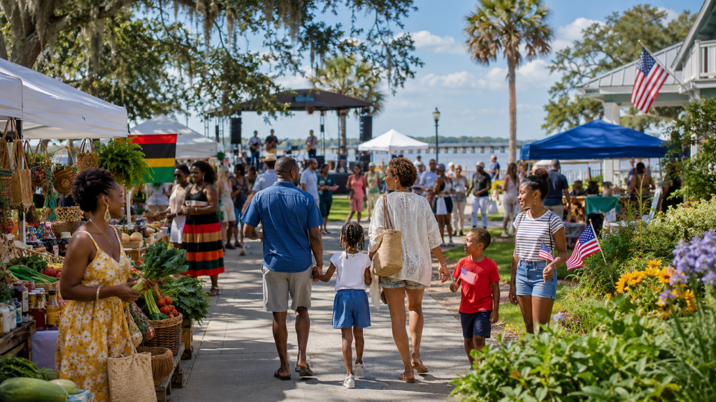 Coastal Georgia families attending a sunny June community market and festival with vendor tents, live music, waterfront scenery, and local event activity.