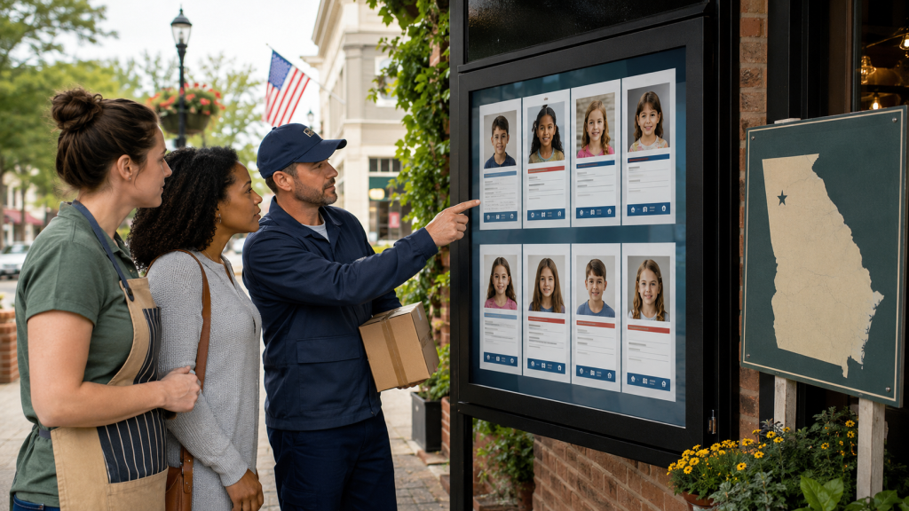 Georgia neighbors and local businesses reviewing verified missing child awareness records through E-Safe.