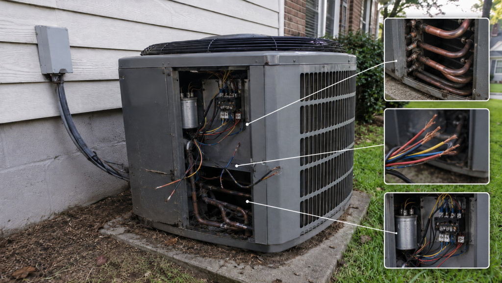 Outdoor residential HVAC unit with the service panel open and three callout windows on the right showing the internal components often targeted by thieves, including copper tubing, exposed wiring, and electrical components.