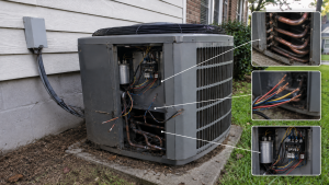 Outdoor residential HVAC unit with the service panel open and three callout windows on the right showing the internal components often targeted by thieves, including copper tubing, exposed wiring, and electrical components.