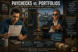 Editorial image contrasting paycheck income and portfolio wealth, showing how wages, asset growth, loans, and inheritance rules can be treated differently under U.S. tax law.