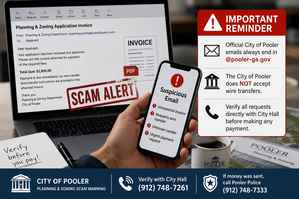 Professional news style image showing a suspicious email invoice on a laptop with Pooler Georgia fraud alert context.