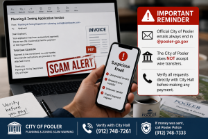 Professional news style image showing a suspicious email invoice on a laptop with Pooler Georgia fraud alert context.