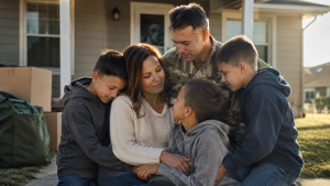 Military family gathered together outside a home with a service member, spouse, children, moving boxes, and a duffel bag, representing the sacrifices of military families.