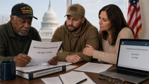 Veterans and a caregiver reviewing proposed congressional veterans benefits legislation with VA health care documents, H.R. 9237, S. 4744, and the U.S. Capitol in the background.