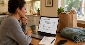 A caring neighbor reviews an online community help request while considering safe ways to assist, with groceries and a blanket nearby.